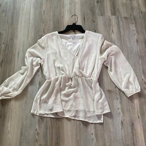 Ophelia Roe Peplum Top off white with gold flecks.